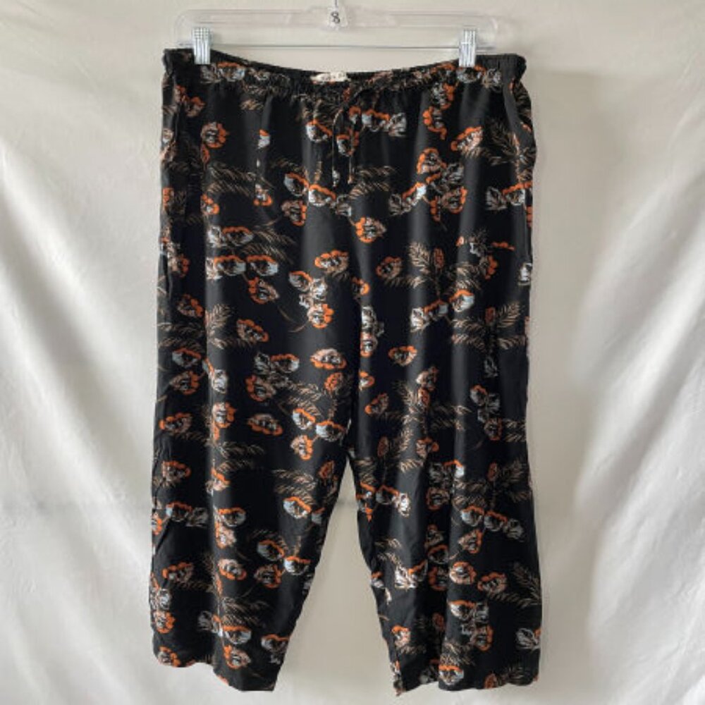 Black Rainn Womens Black High Rise Drawstring Waist Floral Cropped Pant Size L